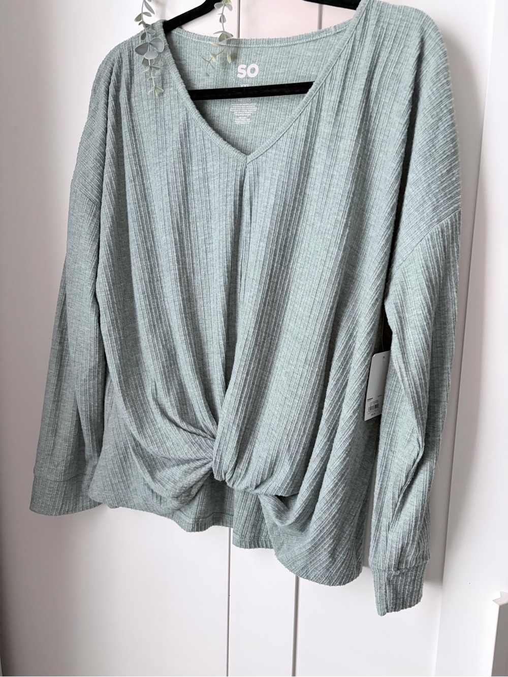 SO Sage Green Ribbed Twist-Front V-Neck Long Sleeve Top